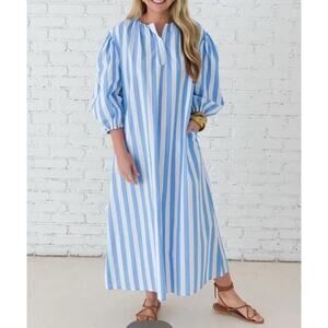 Caryn Lawn Cabana Maxi Dress One Size Blue White Striped Cotton Coastal Beach‎